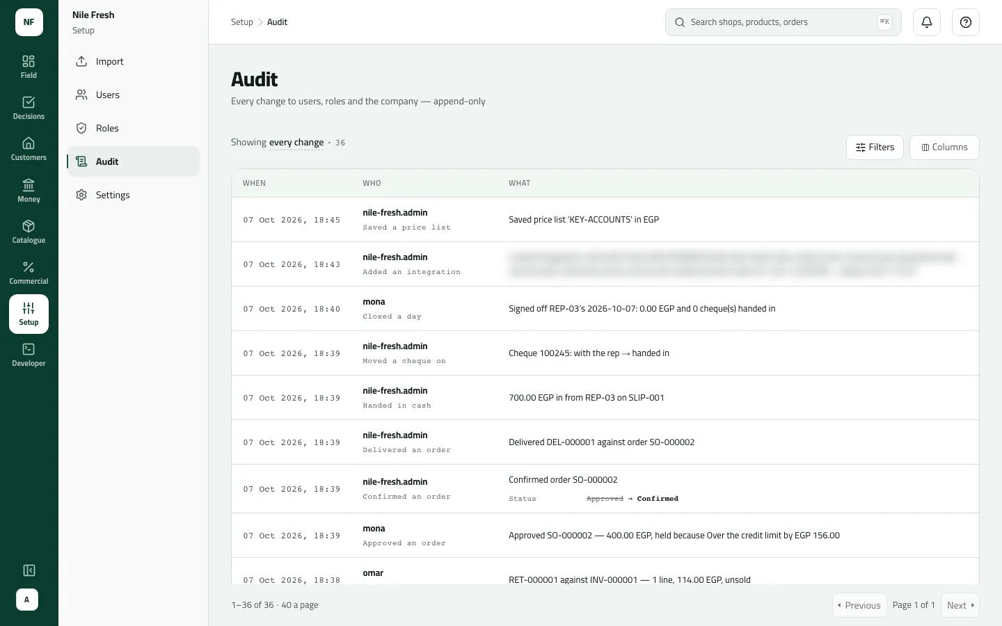 The Audit trail with 35 changes, newest first: the KEY-ACCOUNTS price list saved, REP-03's day signed off, cheque 100245 handed in, SLIP-001 cash, SO-000002 approved, confirmed and delivered, and RET-000001.