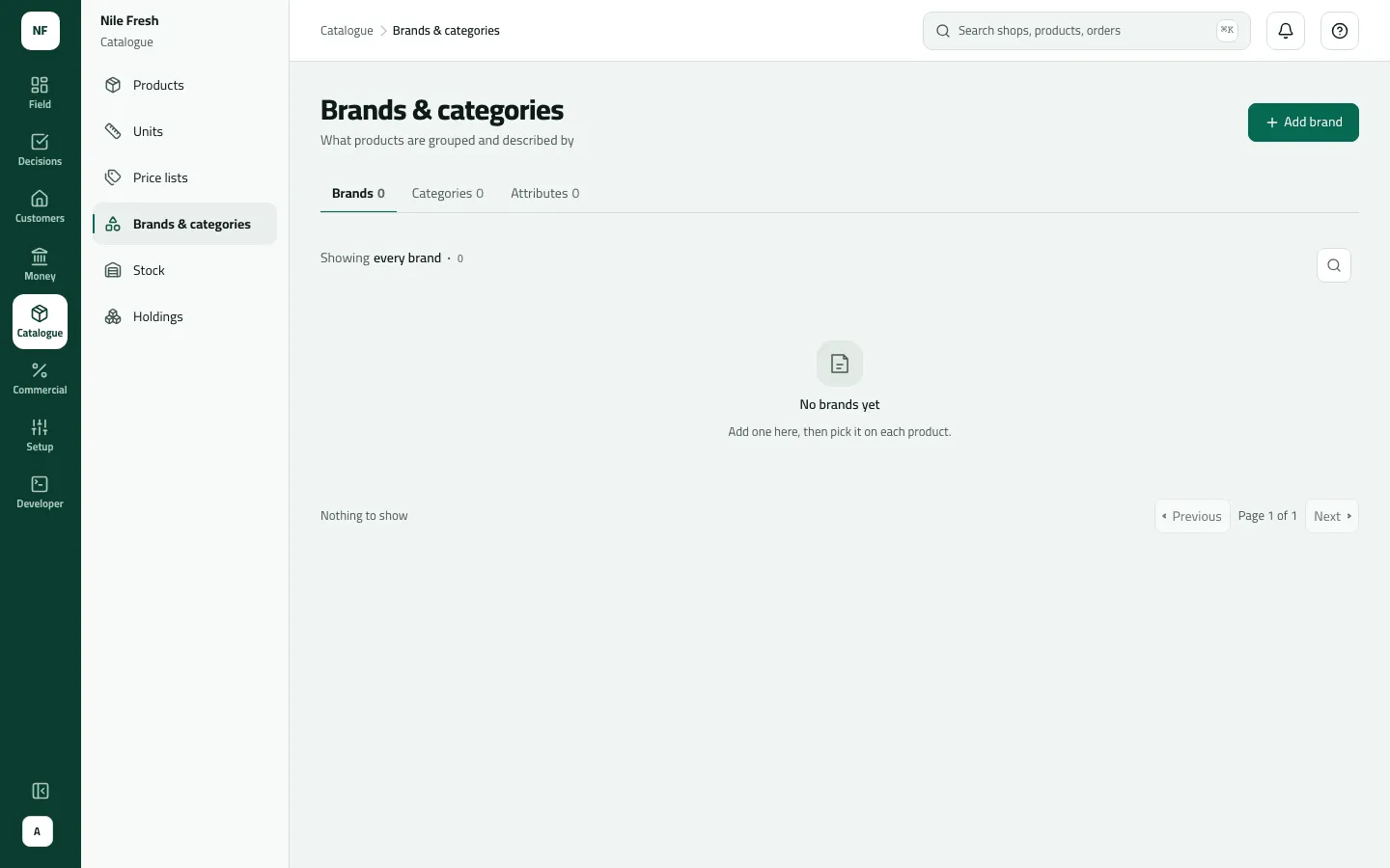 Brands & categories on the Brands tab, empty: No brands yet, with Add brand at the top.