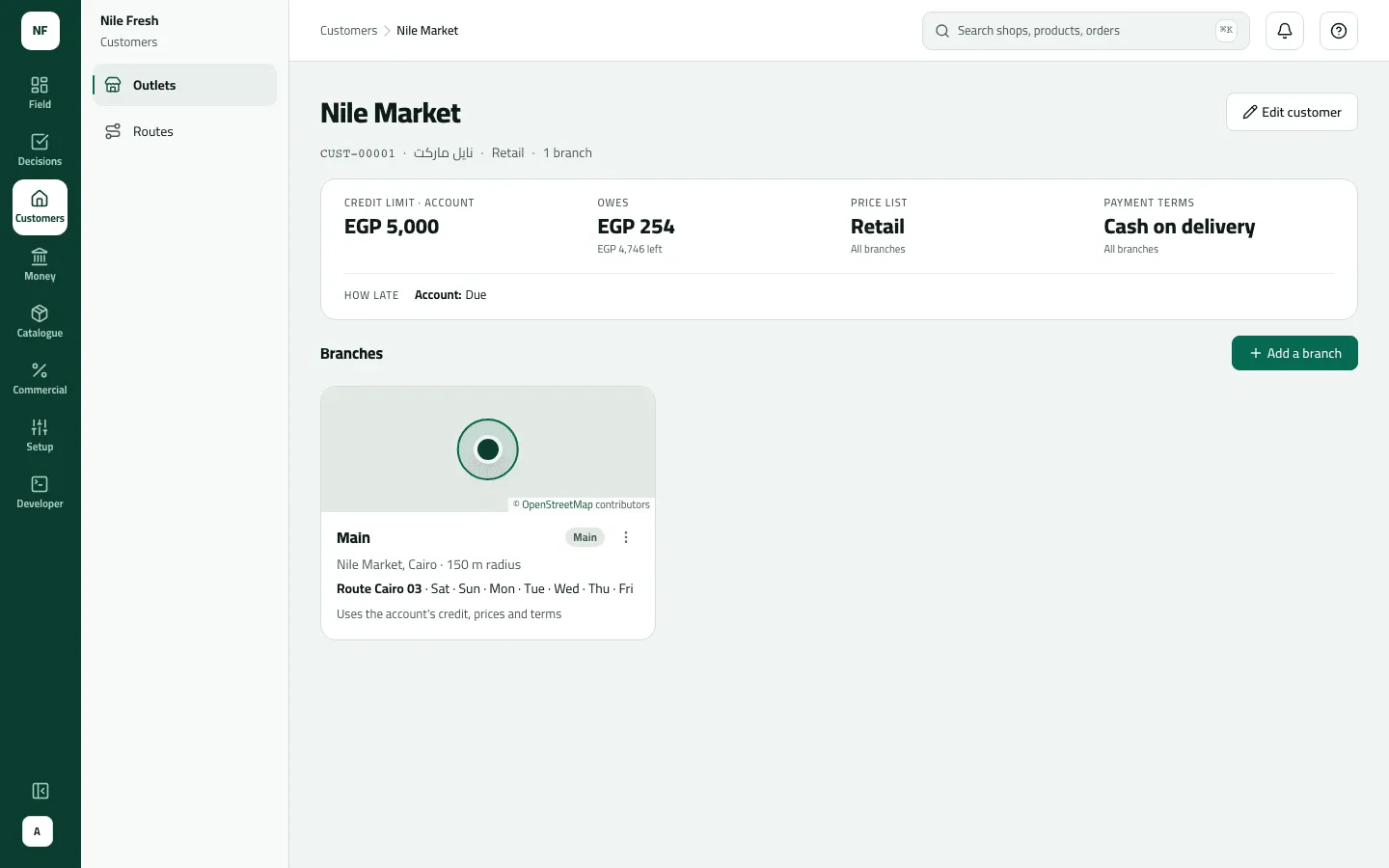 Nile Market's customer page: credit limit EGP 5,000, owes EGP 254 with EGP 4,746 left, Retail prices, cash on delivery, and one Main branch on route Cairo 03.