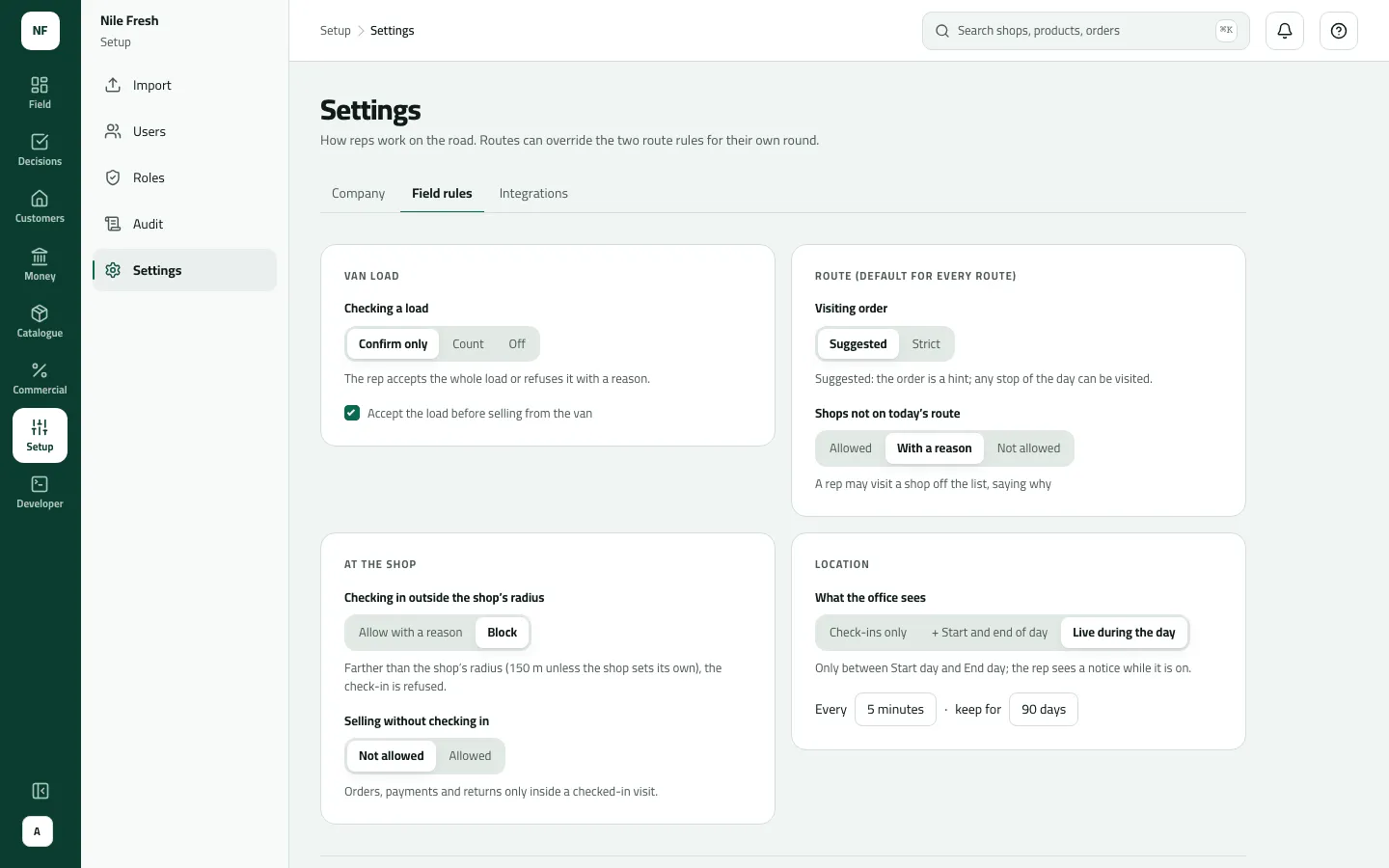 The Field rules tab of Settings for Nile Fresh: van loads are Confirm only and must be accepted before selling, the route order is Suggested with off-route shops allowed with a reason, check-in outside the radius is Blocked, and location is live during the day every 5 minutes, kept 90 days.