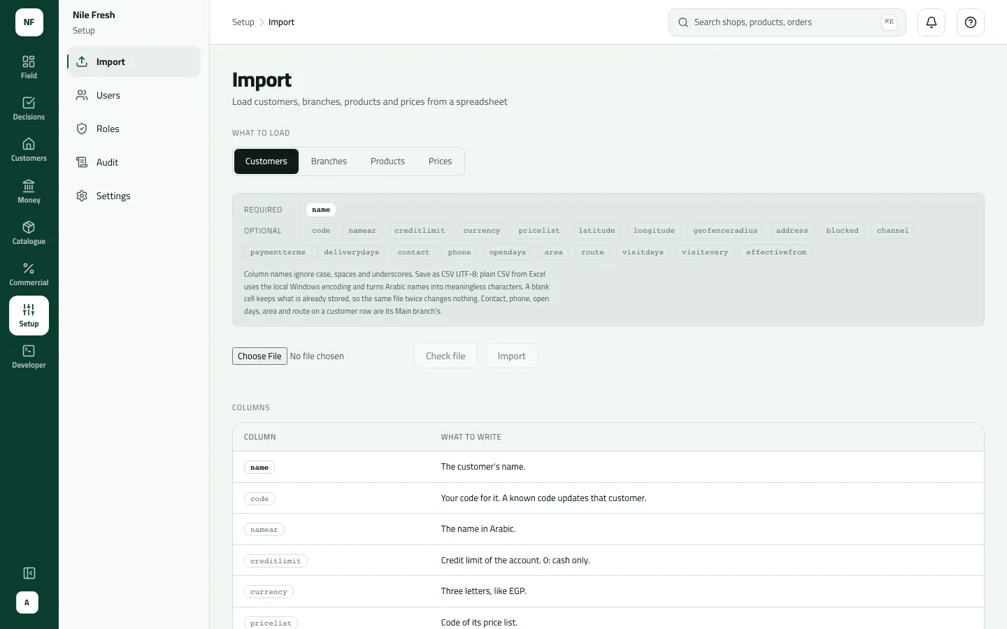 The Import page on the Customers tab: the required name column, the optional columns, an empty file picker, and the Columns table explaining what to write in each.
