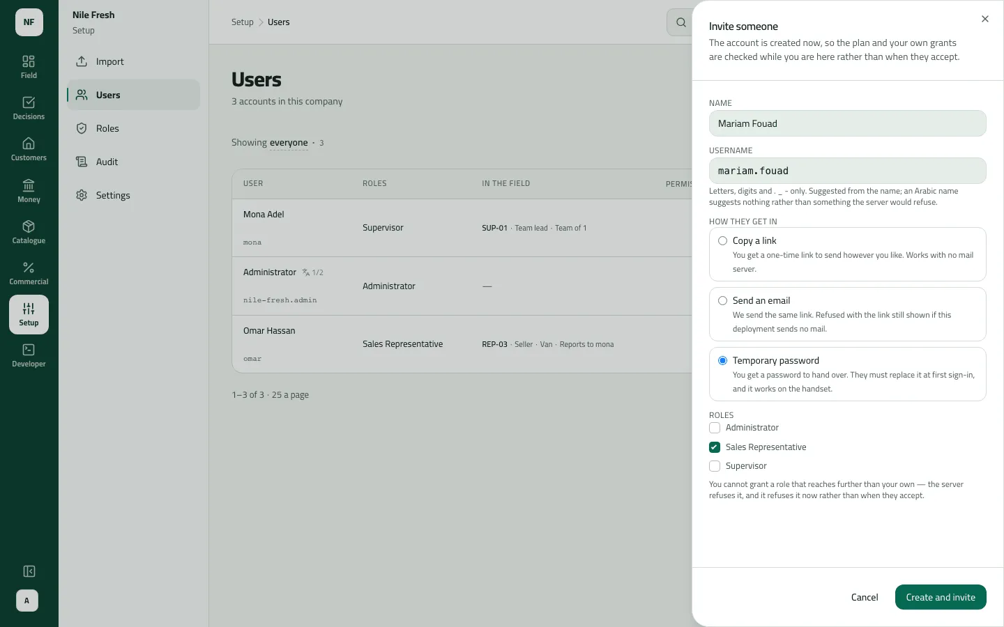 The Invite someone sheet over Users, filled with name Omar Hassan and username omar.hassan, Temporary password chosen as the way in, and Sales Representative ticked under Roles.