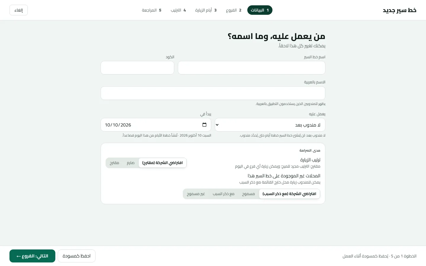 الخطوة الأولى من إنشاء خط سير جديد، البيانات: اسم الخط والكود فارغان، لا مندوب بعد، وتاريخ البدء، وقواعد ترتيب الزيارة والمحلات خارج الخط على افتراضي الشركة.