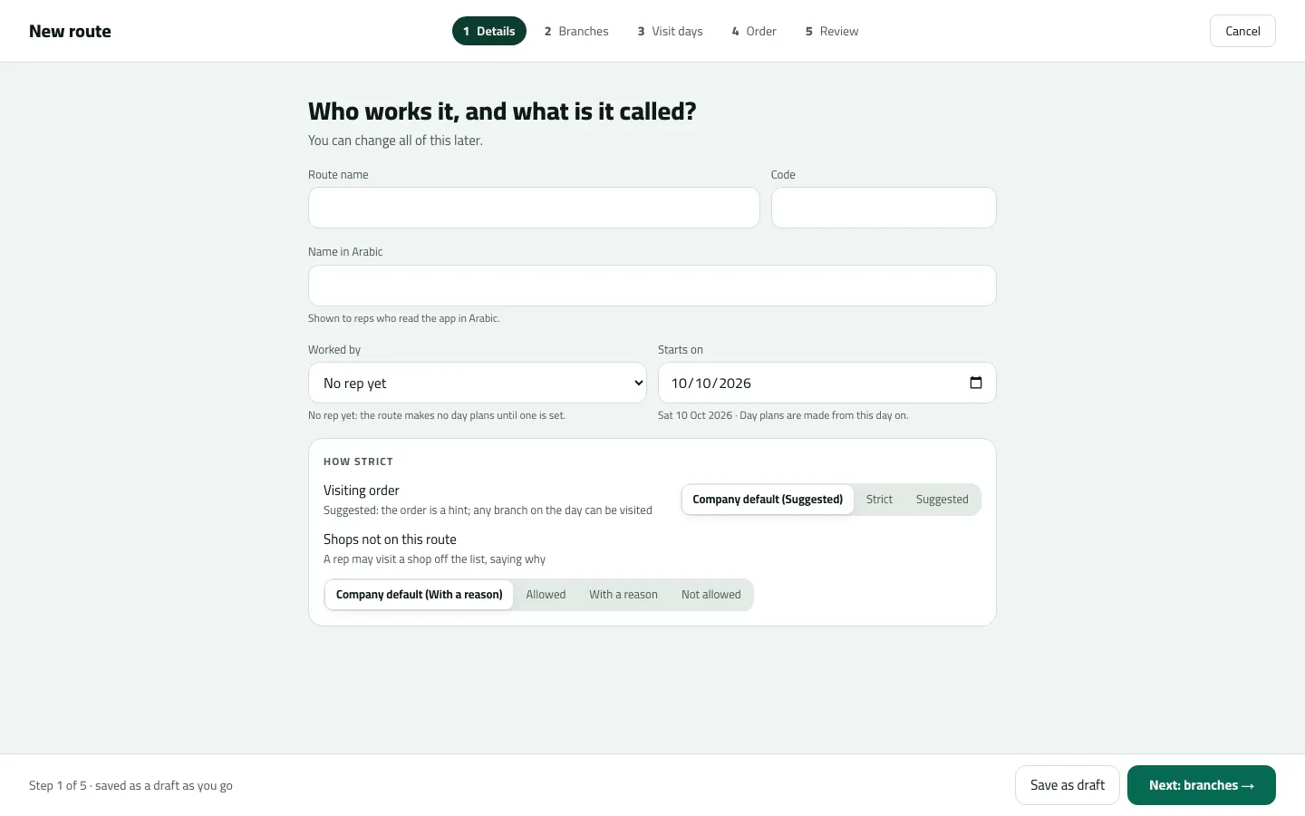 Step 1 of the New route wizard, Details: empty route name and code, no rep yet, a start date, and the visiting-order and off-route rules on their company defaults.