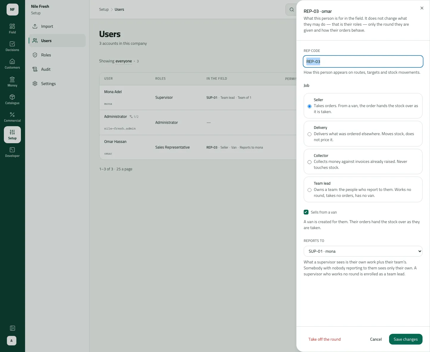 Setup › Users with the On a round sheet open for omar: rep code REP-03, job Seller, Sells from a van ticked, reporting to SUP-01 · supervisor.