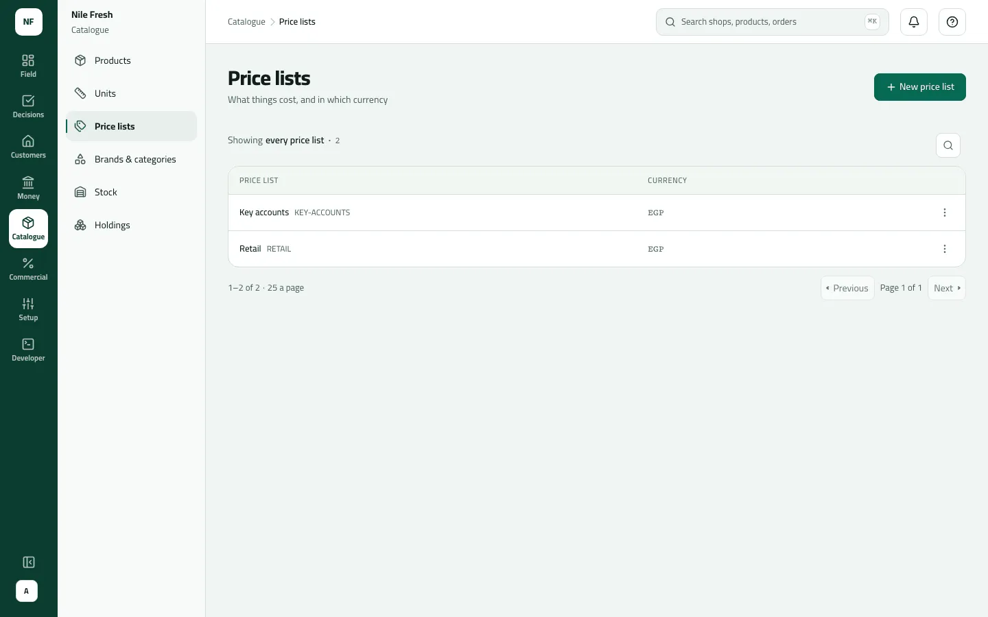Price lists page showing two lists in EGP: Key accounts (KEY-ACCOUNTS) and Retail (RETAIL).