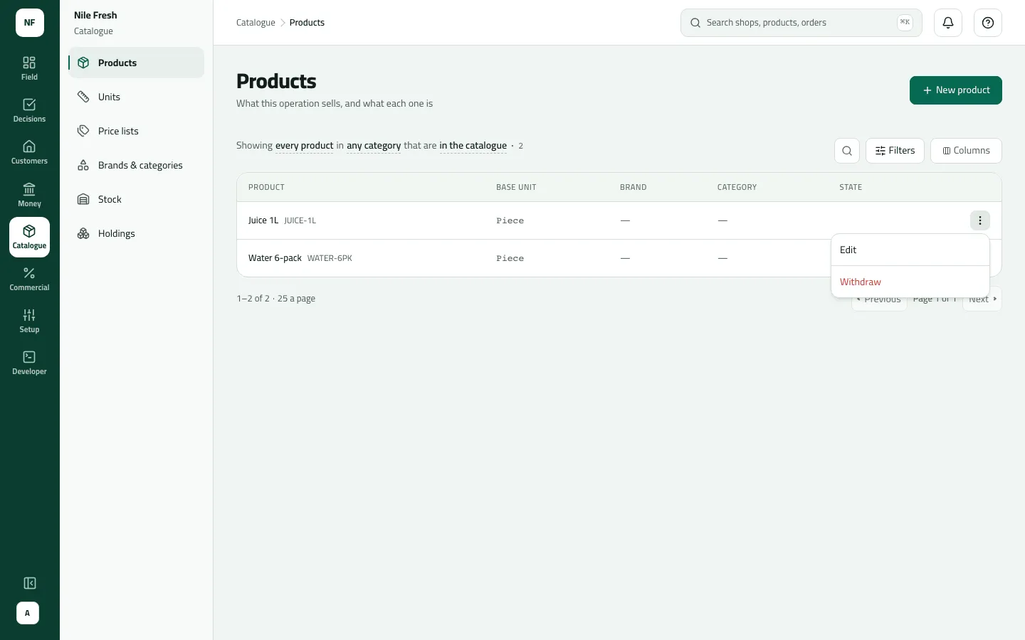 Products list with Juice 1L and Water 6-pack, both sold by the piece, and Juice 1L's row menu open showing Edit and Withdraw.