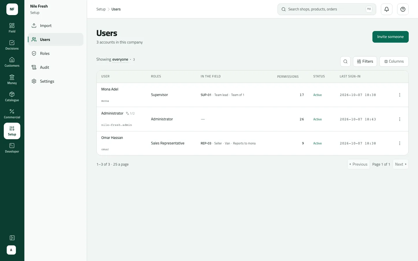 The Users list with 3 active accounts: Administrator (nile-fresh.admin), Omar Hassan as Sales Representative on REP-03 with a van, and Mona Adel as Supervisor on SUP-01, each with a row menu.