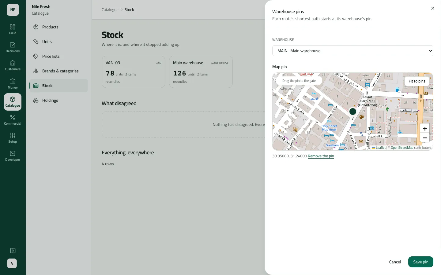 The Warehouse pins sheet with MAIN · Main warehouse selected and its pin at 30.05000, 31.24000.