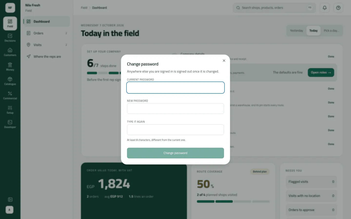 The Change password dialog over the Dashboard, with Current password, New password and Type it again fields and a Change password button.