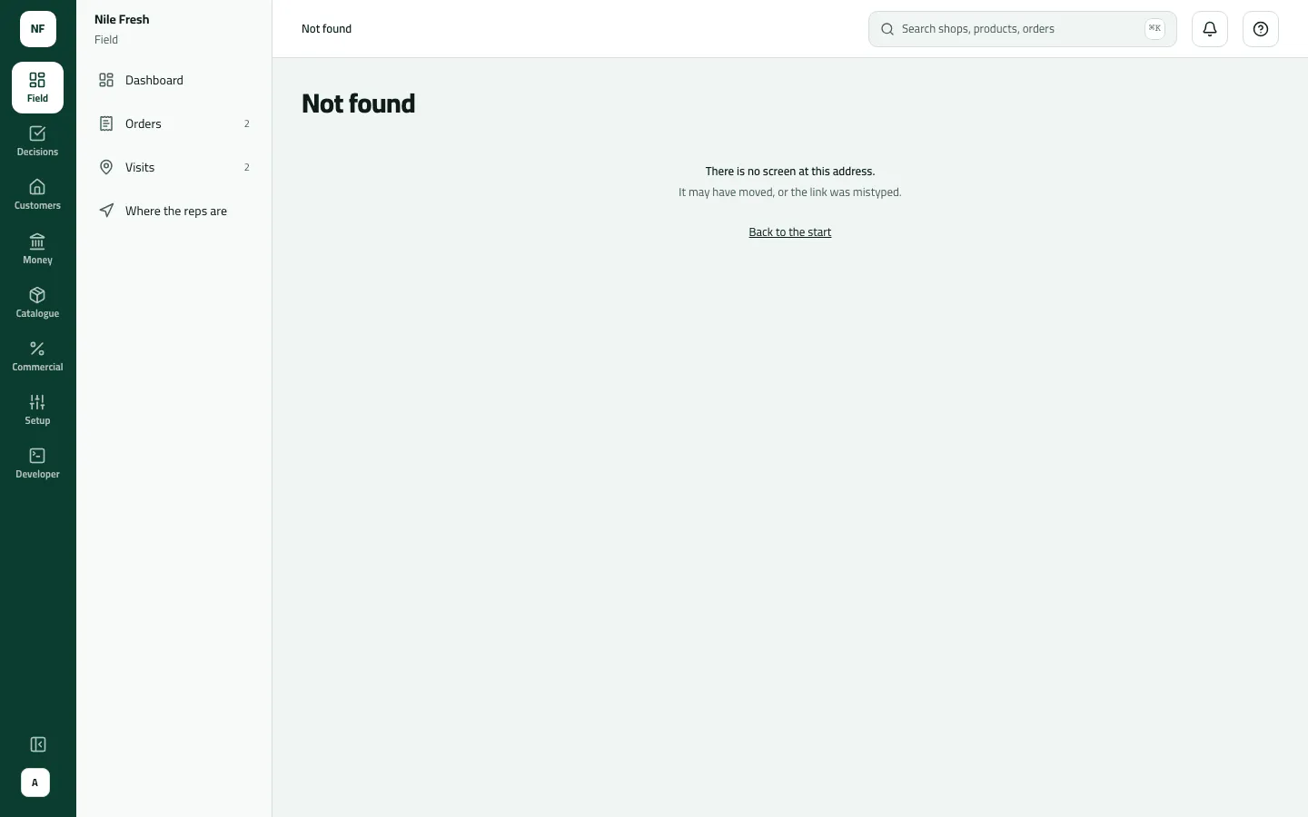 The console Not found page, saying there is no screen at this address, with a Back to the start link.
