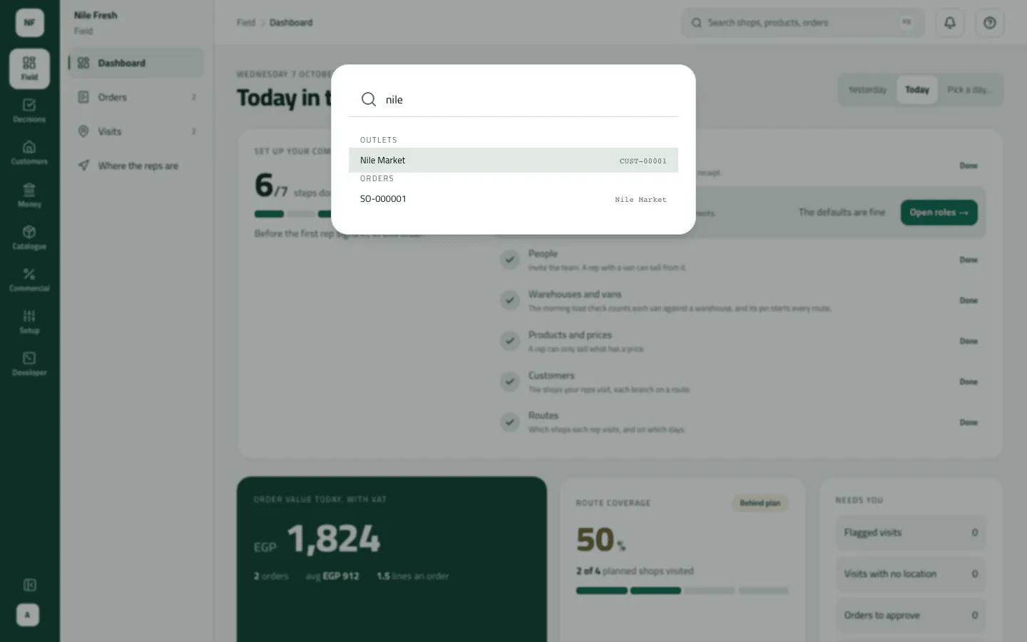 The search overlay with "nile" typed, finding the shop Nile Market (CUST-00001) and the order SO-000001 for Nile Market.