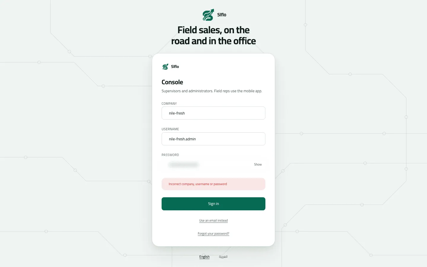 The console sign-in form refusing a username sign-in with the message Incorrect company, username or password.