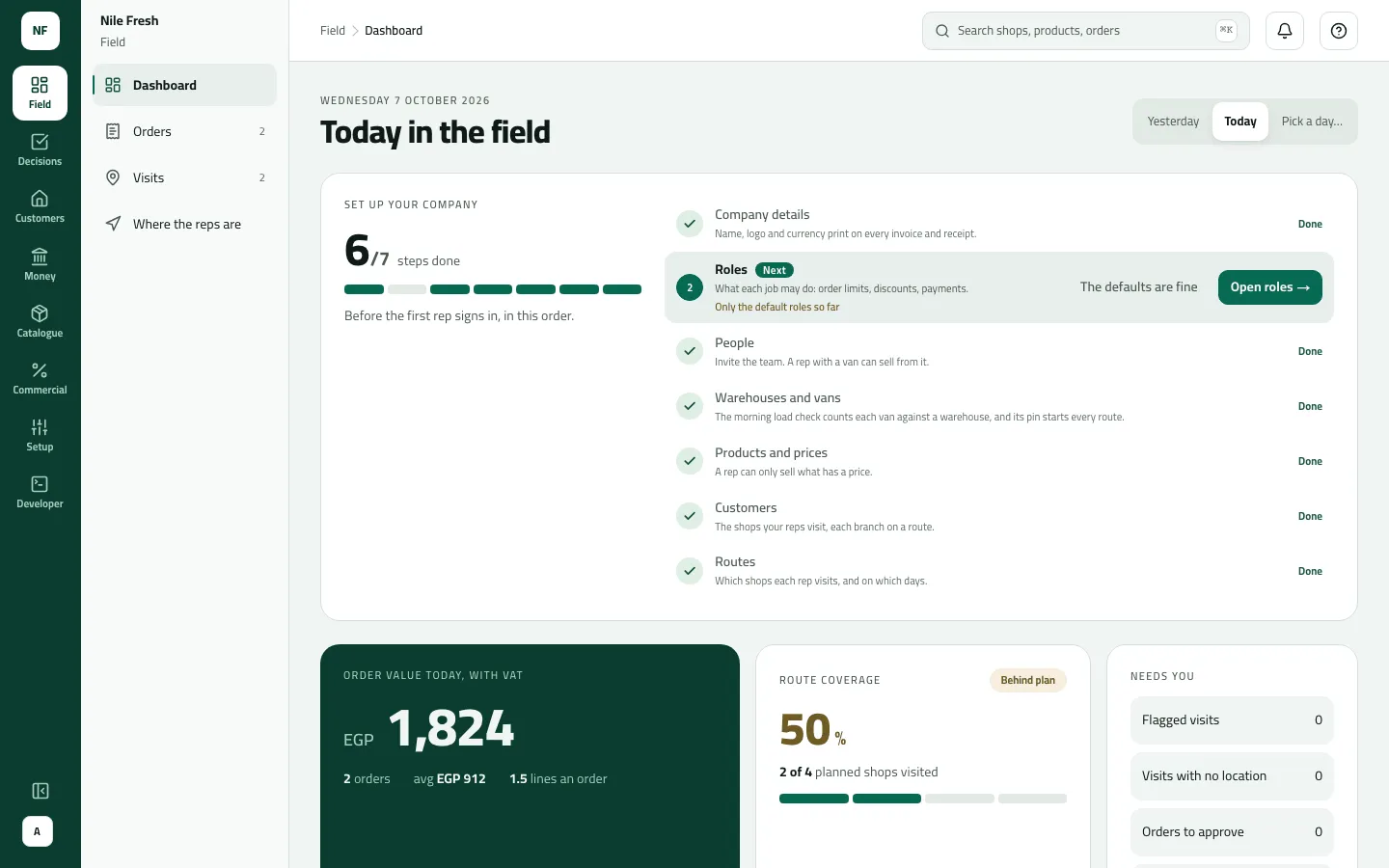 The Set up your company card on the Dashboard: 6/7 steps done, with Company details, People, Warehouses and vans, Products and prices, Customers and Routes marked Done, and Roles next with The defaults are fine and Open roles.