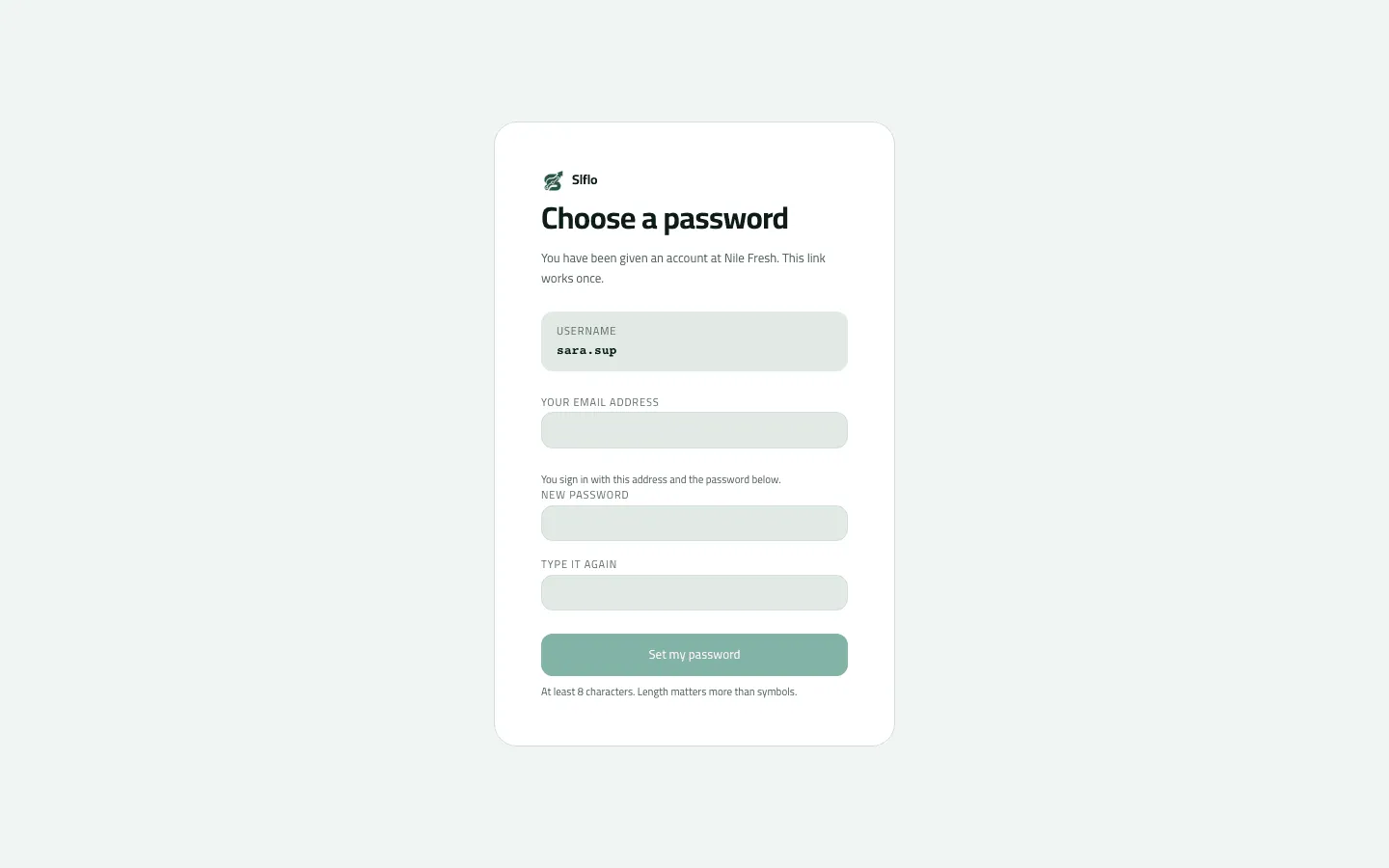The invitation page Choose a password for an account at Nile Fresh, showing the username sara.sup above empty email and password fields.