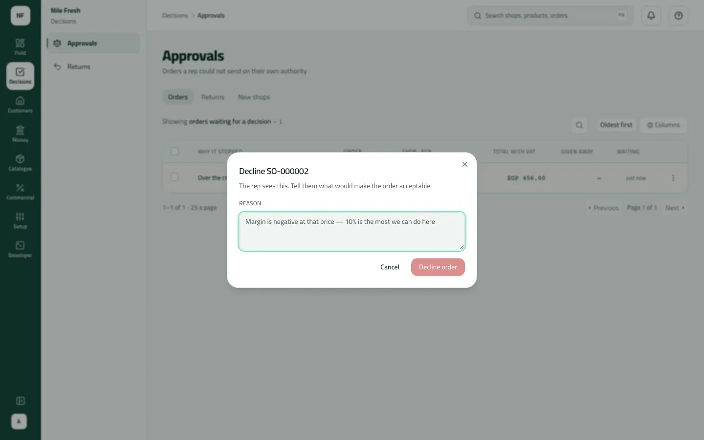 The Decline SO-000002 dialog over Approvals, with a reason typed for the rep and the Decline order button.