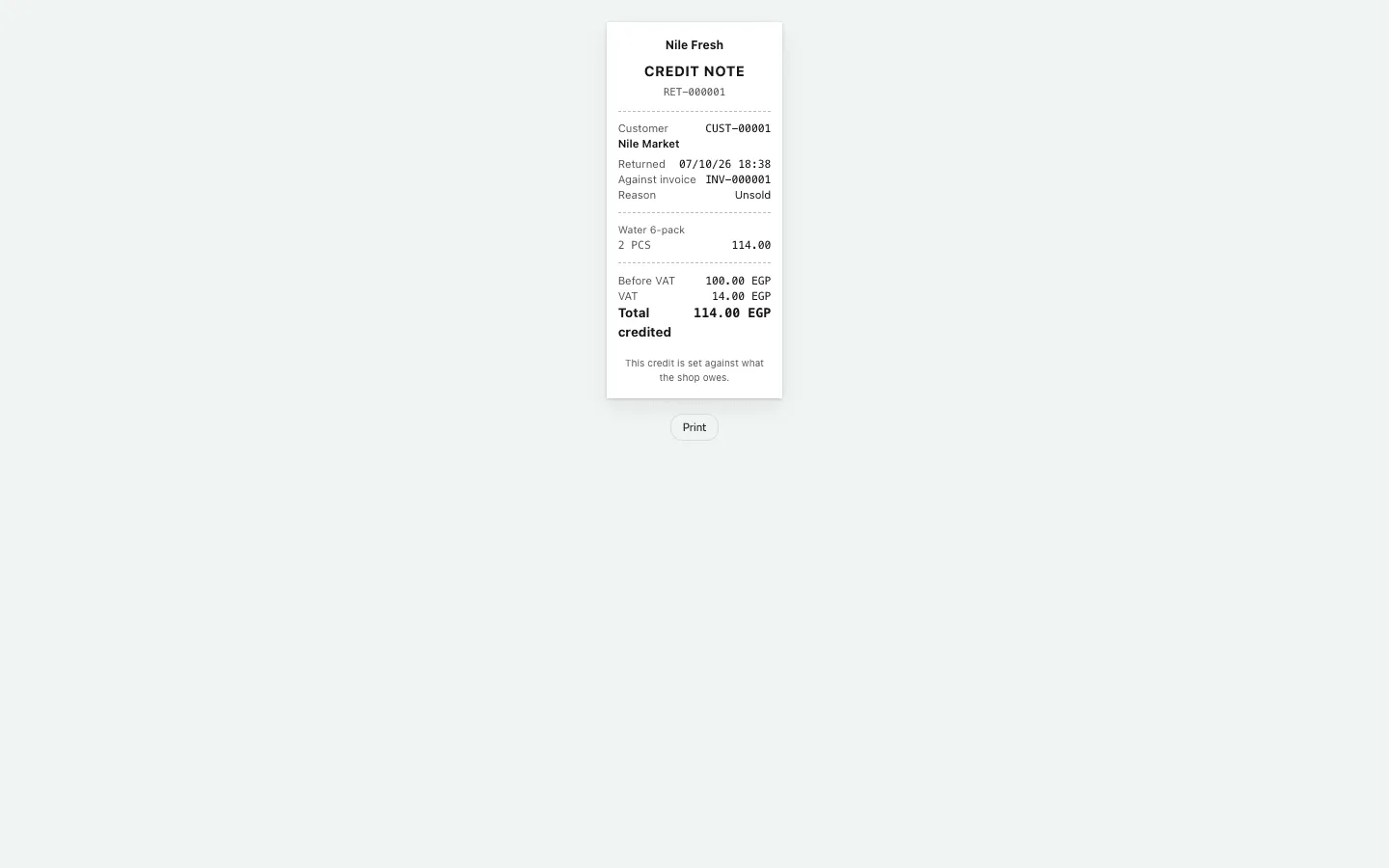 The printable credit note RET-000001 for Nile Market against INV-000001: 2 Water 6-pack returned unsold, 100.00 before VAT plus 14.00 VAT, 114.00 EGP credited.