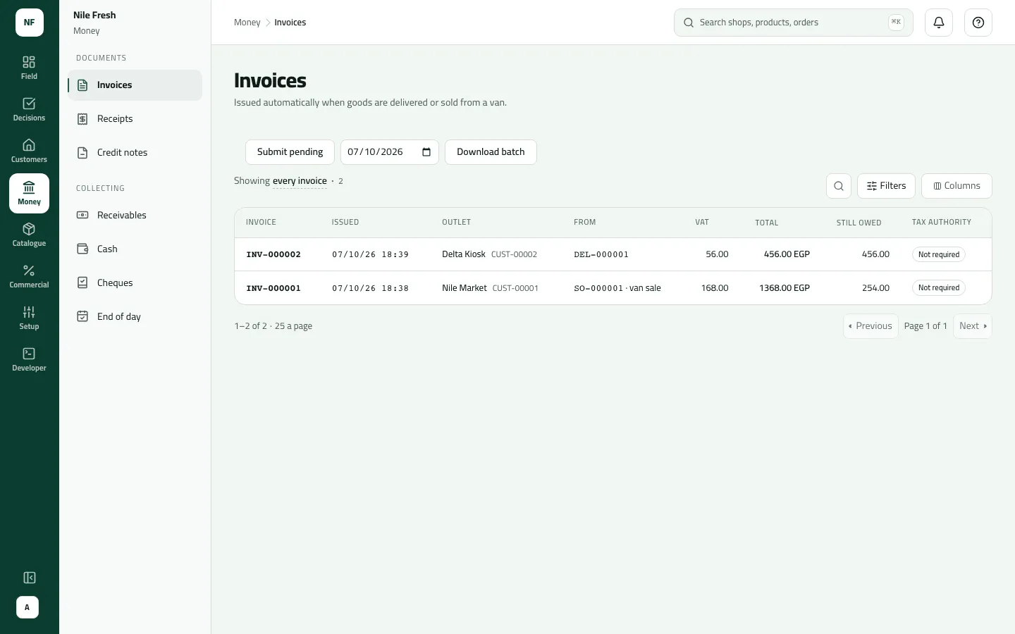 The Invoices list with INV-000002 for Delta Kiosk from delivery DEL-000001 (456.00 EGP, all still owed) and INV-000001 for Nile Market from van sale SO-000001 (1368.00 EGP, 254.00 still owed), both Not required for the tax authority.