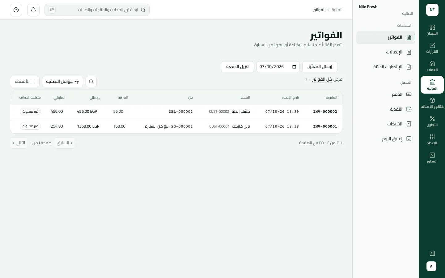 قائمة الفواتير وفيها INV-000002 لكشك الدلتا من التسليم DEL-000001 (456 جنيهًا متبقية كلها)، وINV-000001 لنايل ماركت من بيع السيارة SO-000001 (1368 جنيهًا والمتبقي 254)، وكلتاهما غير مطلوبة لمصلحة الضرائب.