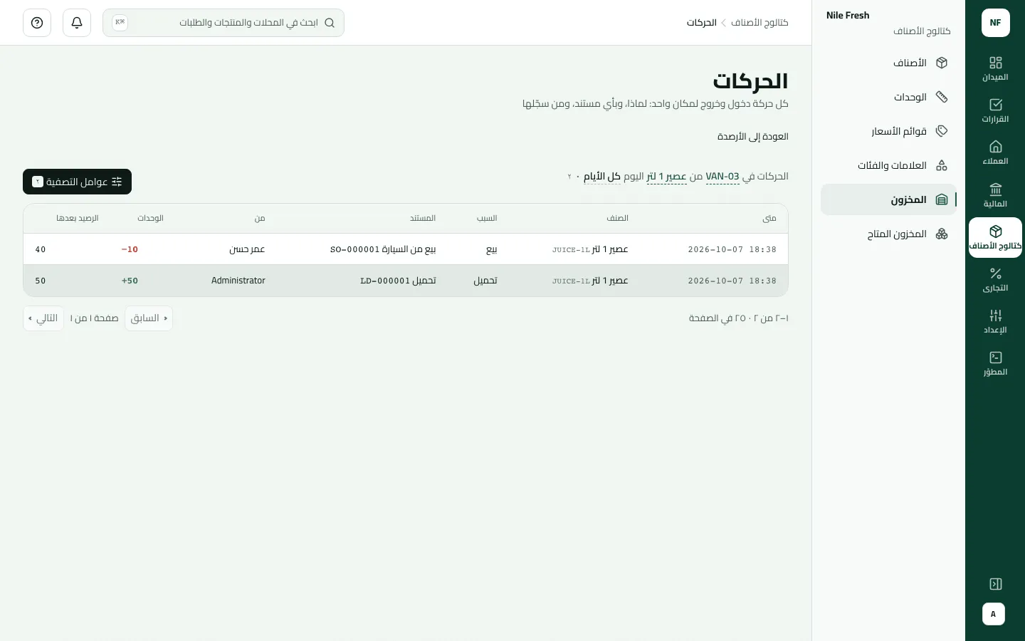 حركات عصير 1 لتر في VAN-03: تحميل +50 بالحمولة LD-000001، ثم بيع −10 بالبيع من السيارة SO-000001، فيبقى 40.
