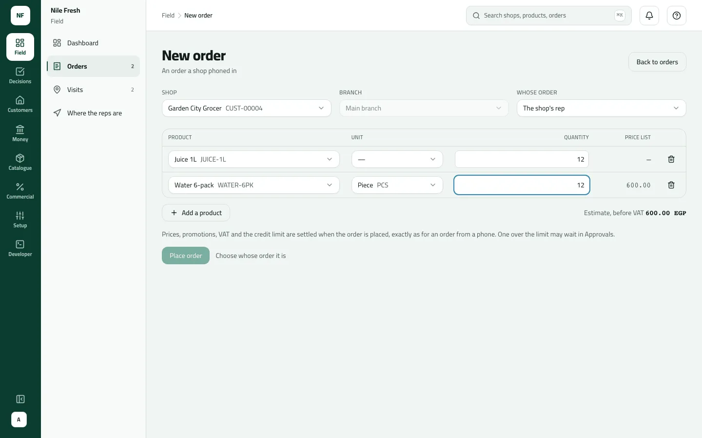 The New order form for a phoned-in order from Garden City Grocer (CUST-00004), whose order set to The shop's rep, with lines for Juice 1L and Water 6-pack (12 each) and an estimate of 600.00 EGP before VAT.
