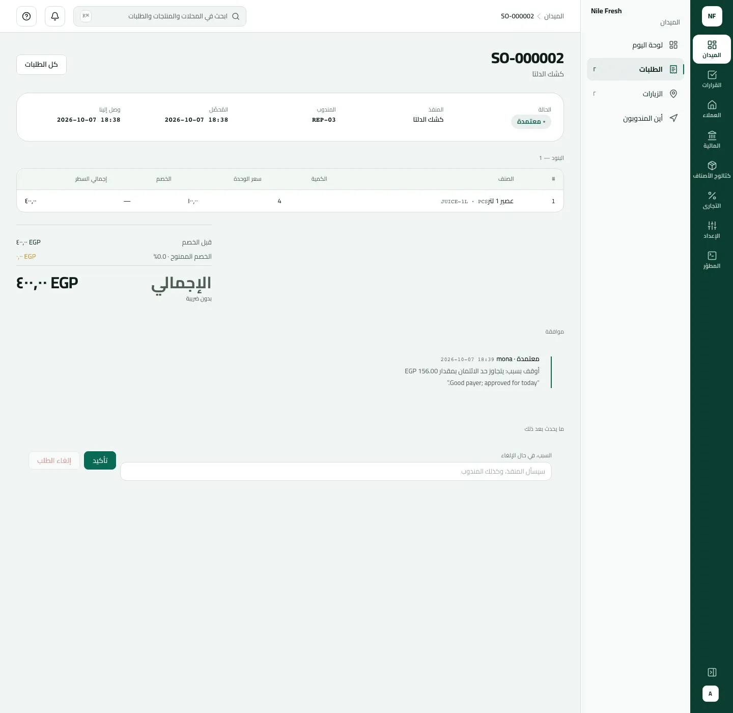 الطلب SO-000002 لكشك الدلتا بحالة معتمدة: 4 عصير 1 لتر، والإجمالي 400 جنيه بدون ضريبة، وملاحظة الموافقة (أُوقف بسبب تجاوز حد الائتمان بمقدار 156 جنيهًا)، وزر تأكيد.