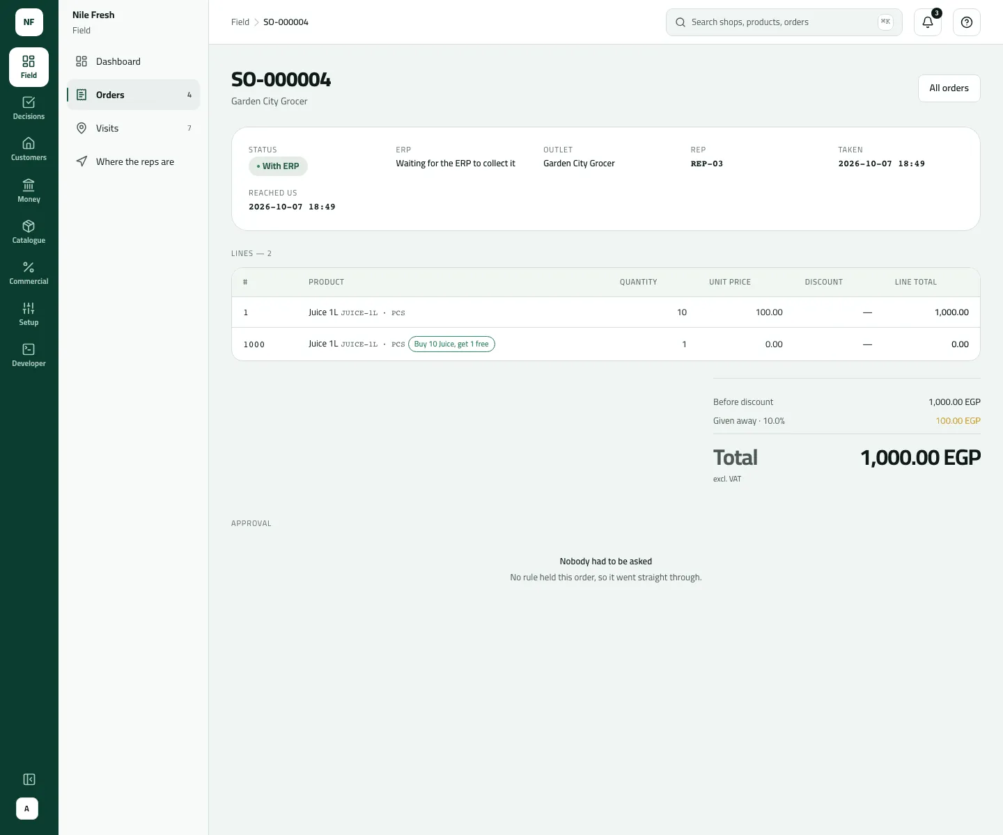 Order SO-000004 for Garden City Grocer by REP-03, status With ERP and waiting for the ERP to collect it: 10 Juice 1L plus 1 free, total 1,000.00 EGP excl. VAT.