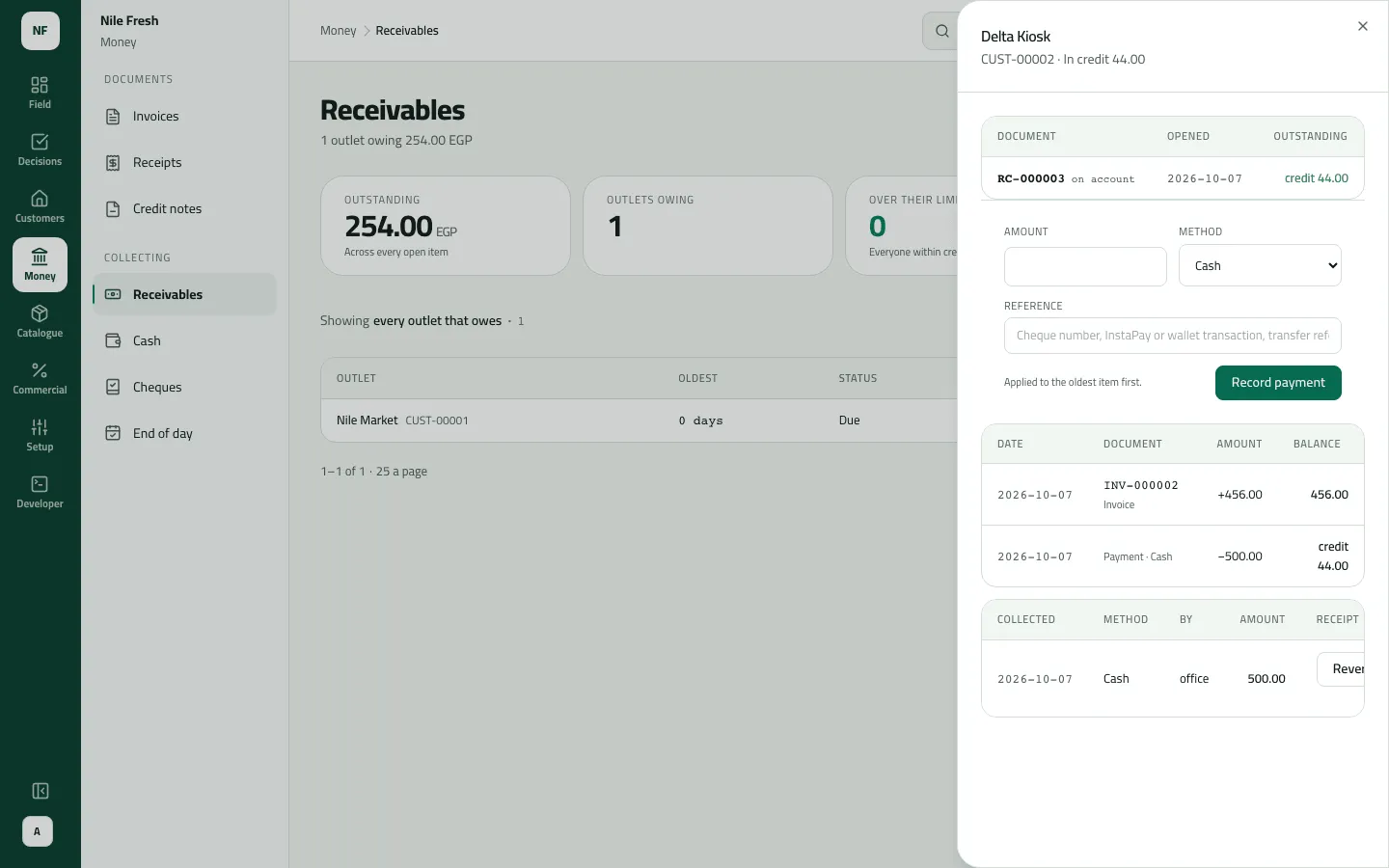 Delta Kiosk's statement opened from Receivables: in credit 44.00 after INV-000002 for 456.00 and a cash payment of 500.00.