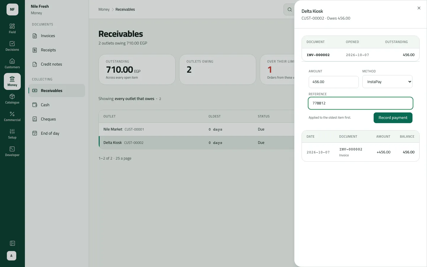 The Delta Kiosk statement in Receivables with the payment form filled: amount 456.00, method InstaPay, reference 778812, ready for Record payment.