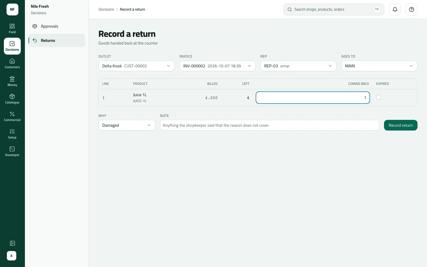 The Record a return form for Delta Kiosk against INV-000002, rep REP-03, going to MAIN: one Juice 1L line with 1 coming back, and Why set to Damaged.