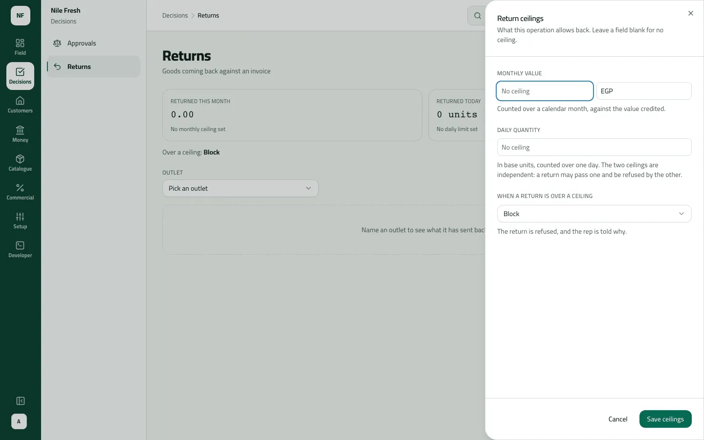 The Return ceilings sheet over Returns, with a blank monthly value in EGP, a blank daily quantity, and Block chosen for a return over a ceiling.