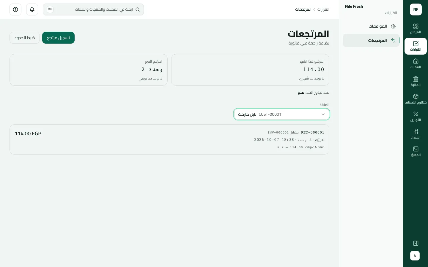 شاشة المرتجعات مع اختيار نايل ماركت: المرتجع هذا الشهر 114.00 والمرتجع اليوم 2 وحدة دون حدود، وبطاقة RET-000001 مقابل INV-000001، عبوتا مياه 6 عبوات لم تُبع، بمبلغ 114.00 جنيه.