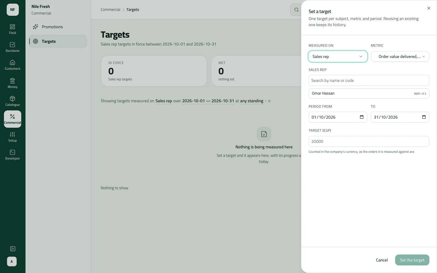 The Set a target sheet over Targets, measured on Sales rep with an order-value metric, Omar Hassan (REP-03) offered in the rep search, the period 1 to 31 October 2026, and a target field in EGP.
