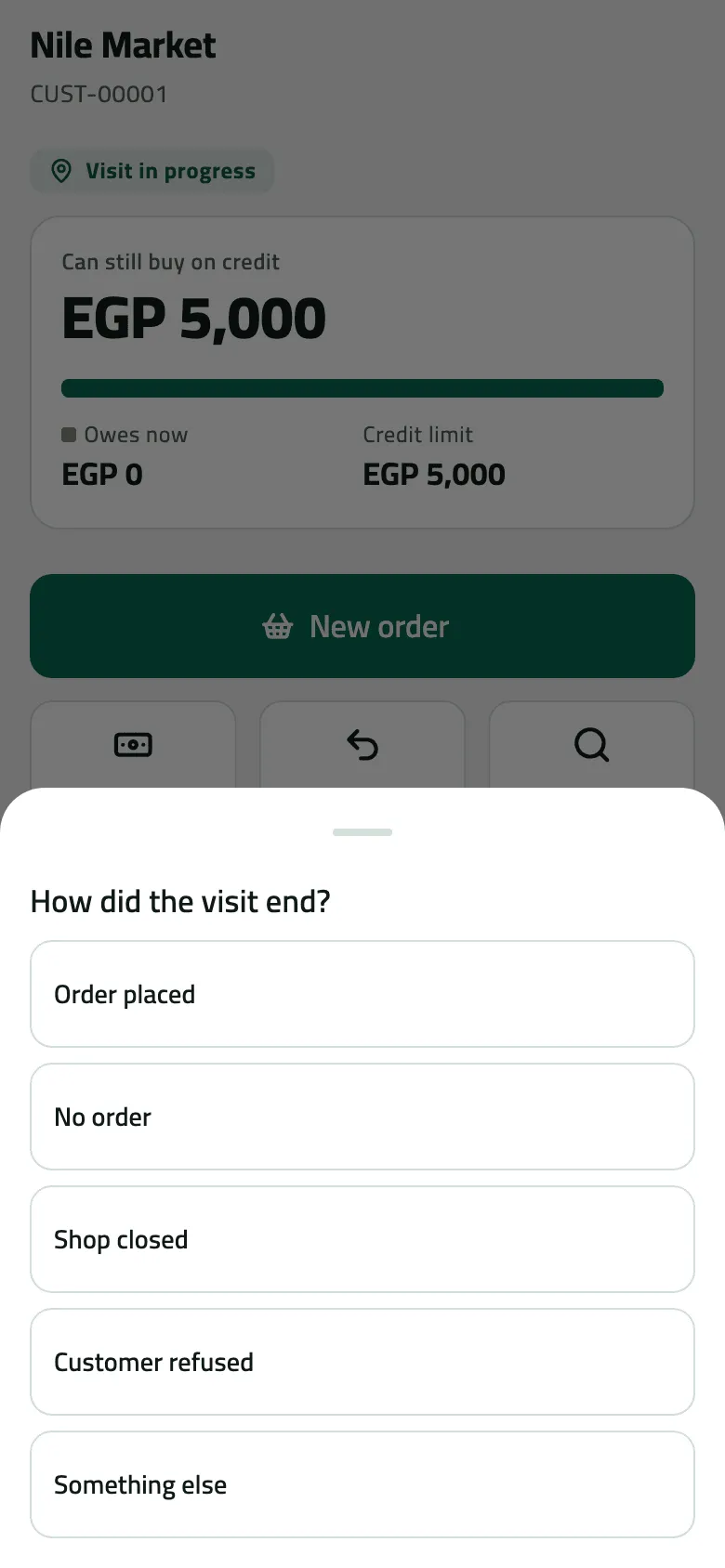 The How did the visit end? sheet over Nile Market's visit in progress, offering Order placed, No order, Shop closed, Customer refused and Something else.