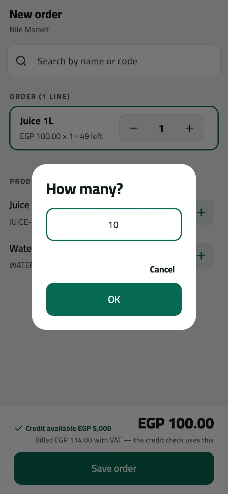 The How many? question over the new order at Nile Market, with 10 typed for Juice 1L, and Cancel or OK.
