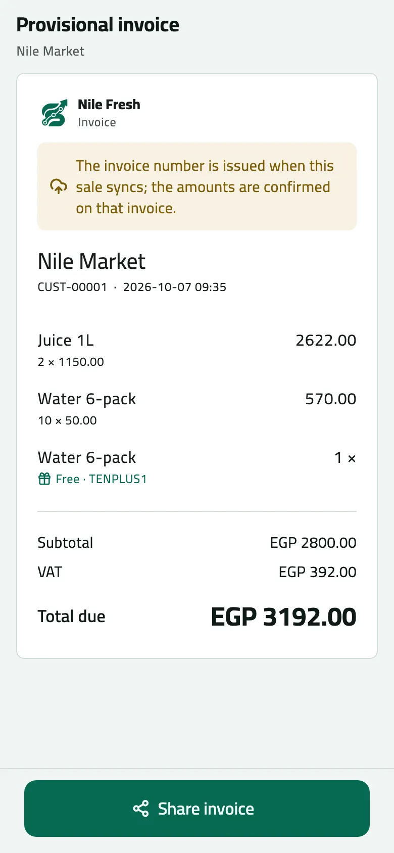 Provisional invoice for Nile Market: 2 Juice 1L cartons, 10 Water 6-pack and 1 free Water 6-pack (TENPLUS1), VAT EGP 392.00, total due EGP 3,192.00.