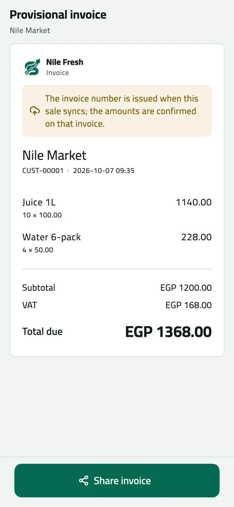 The provisional invoice for Nile Market before sync, with an amber note that the invoice number is issued when the sale syncs: Juice 1L 10 × 100.00 and Water 6-pack 4 × 50.00, Subtotal EGP 1200.00, VAT EGP 168.00, Total due EGP 1368.00, and Share invoice.