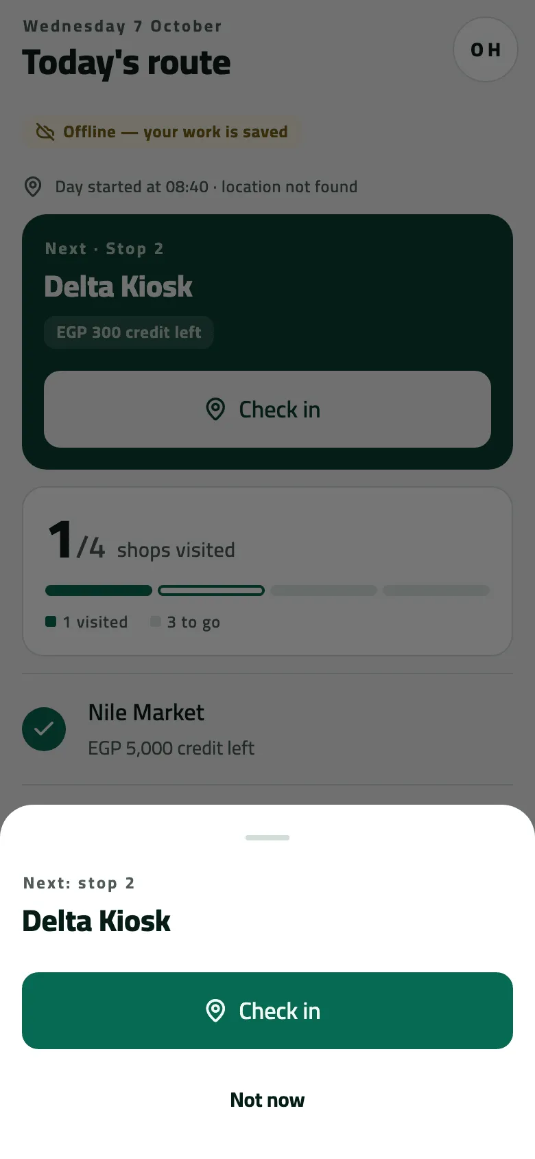 After checking out of Nile Market, a sheet rises over Today's route reading Next: stop 2, Delta Kiosk, with a Check in button and Not now; behind it the route shows 1/4 shops visited.