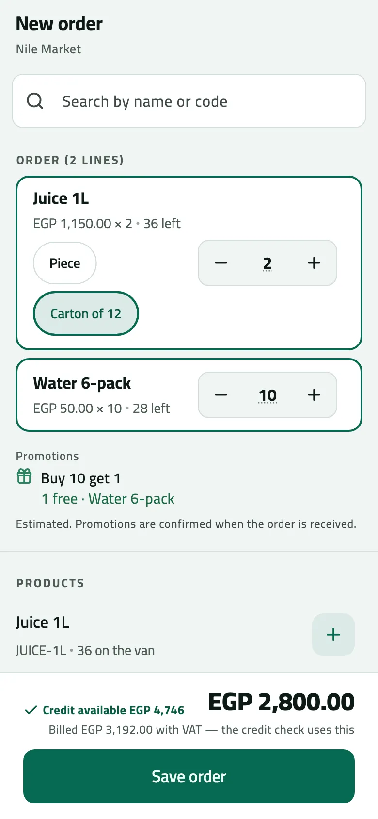 New order at Nile Market: 2 cartons of Juice 1L and 10 Water 6-pack, Promotions Buy 10 get 1 with 1 free Water 6-pack, total EGP 2,800.00, billed EGP 3,192.00 with VAT.