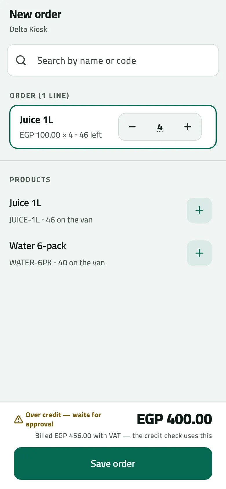 A New order for Delta Kiosk with one line, 4 Juice 1L at EGP 100.00. The total is EGP 400.00, billed EGP 456.00 with VAT, and the warning reads Over credit — waits for approval above the Save order button.