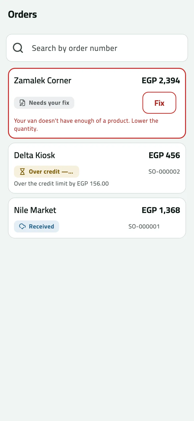The phone's Orders list: Zamalek Corner EGP 2,394 with a red border, Needs your fix and a Fix button because the van lacks enough of a product. Delta Kiosk EGP 456 (SO-000002) is held as over credit by EGP 156.00, and Nile Market EGP 1,368 (SO-000001) is Received.