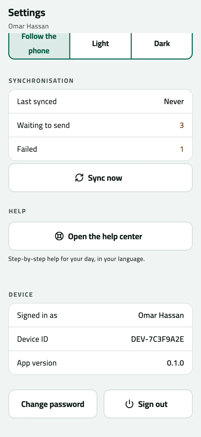 Settings on Omar Hassan's phone, with Synchronisation showing Last synced Never, Waiting to send 3, Failed 1 in red, and a Sync now button, above the Device details and Sign out.
