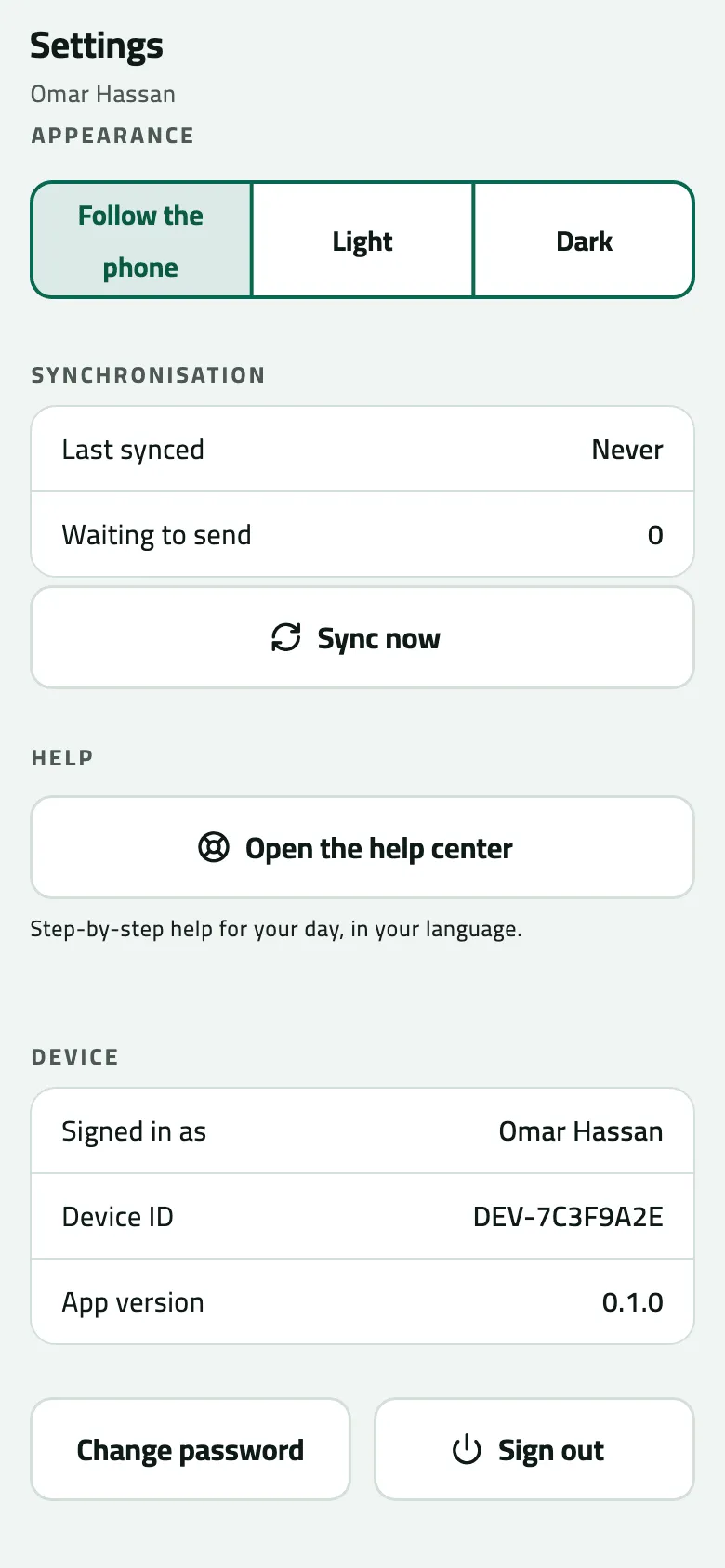 Settings scrolled to the bottom: Appearance, Synchronisation, Help, Device with Device ID DEV-7C3F9A2E, Change password and Sign out.