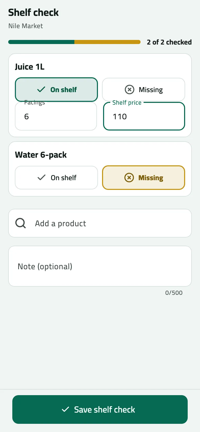 Shelf check at Nile Market with 2 of 2 checked: Juice 1L marked On shelf with 6 facings and shelf price 110, Water 6-pack marked Missing, then Add a product, an optional note and Save shelf check.