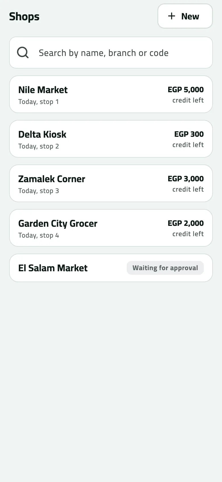 Shops: the four route shops with their stop and credit left — Nile Market stop 1 EGP 5,000, Delta Kiosk stop 2 EGP 300, Zamalek Corner stop 3 EGP 3,000, Garden City Grocer stop 4 EGP 2,000 — and El Salam Market marked Waiting for approval.