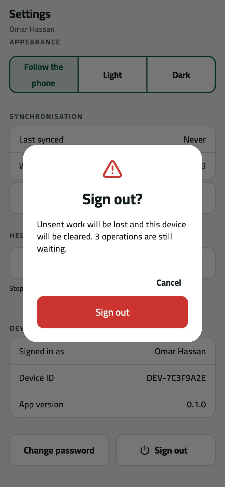 The Sign out? dialog over Settings, with a red warning: Unsent work will be lost and this device will be cleared. 3 operations are still waiting, then Cancel and a red Sign out button.