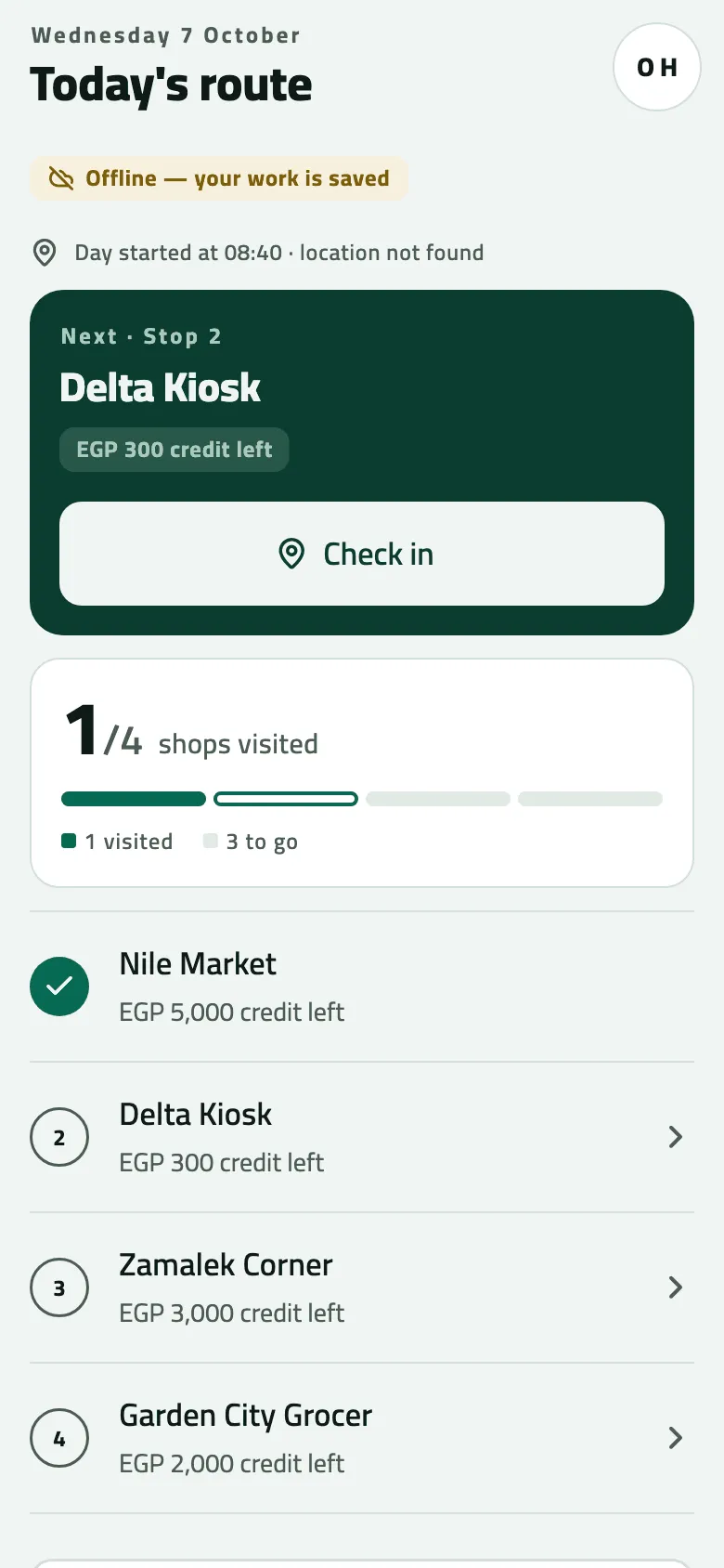 The phone's Today with no signal: the amber sync pill reads Offline — your work is saved. Below it, the day started at 08:40 with location not found, Next · Stop 2 Delta Kiosk with Check in, and 1/4 shops visited.