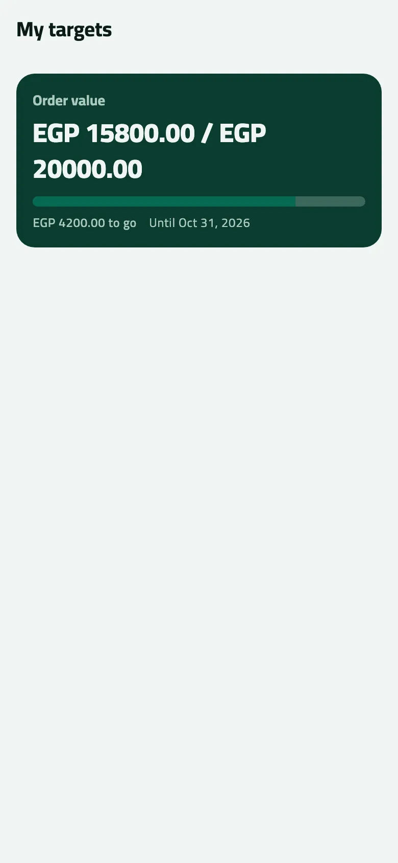My targets with one Order value card: EGP 15800.00 / EGP 20000.00, a bar about four-fifths full, EGP 4200.00 to go, and Until Oct 31, 2026.