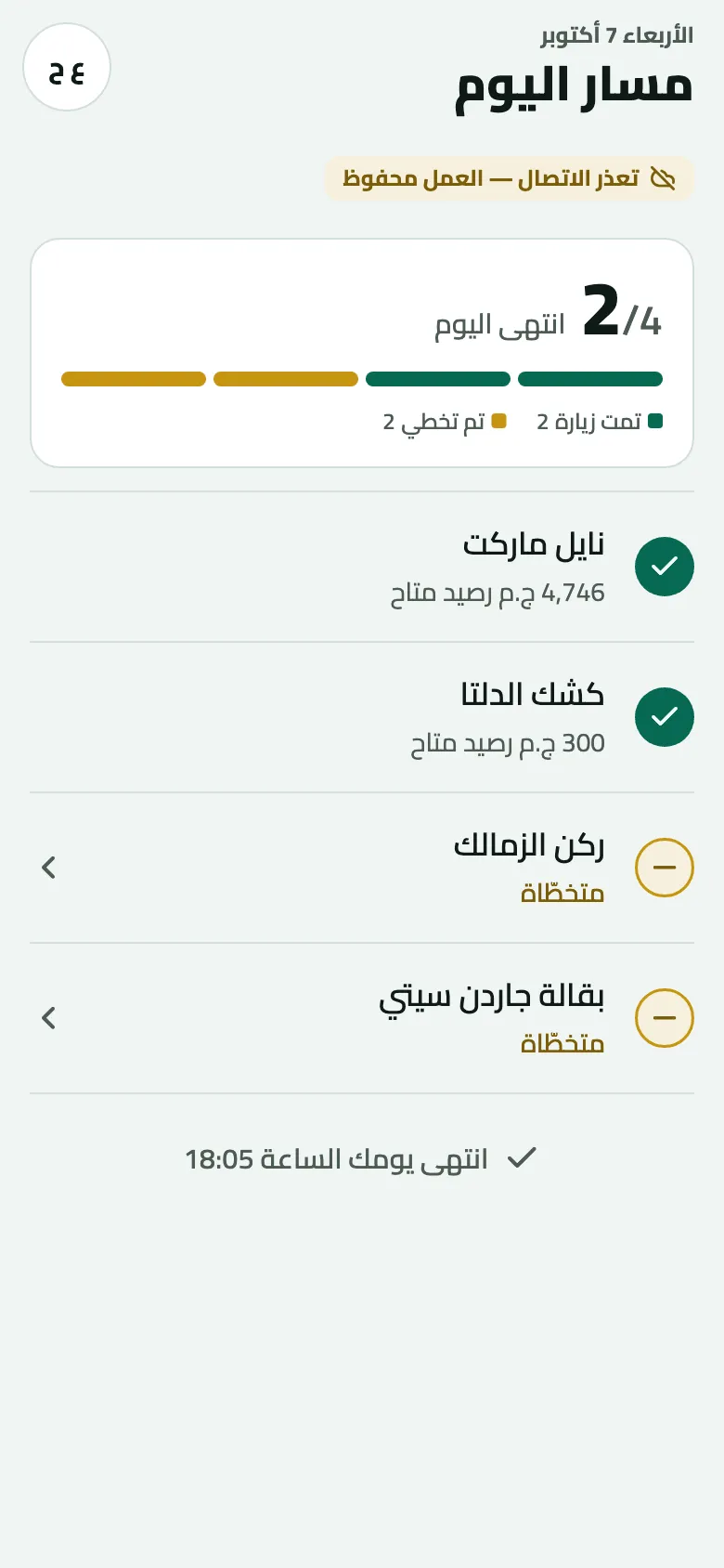 مسار اليوم بعد إنهاء اليوم: تمت زيارة محلين من 4، وتخطي ركن الزمالك وبقالة جاردن سيتي، وعبارة "انتهى اليوم الساعة 18:05" مكان زر إنهاء اليوم.