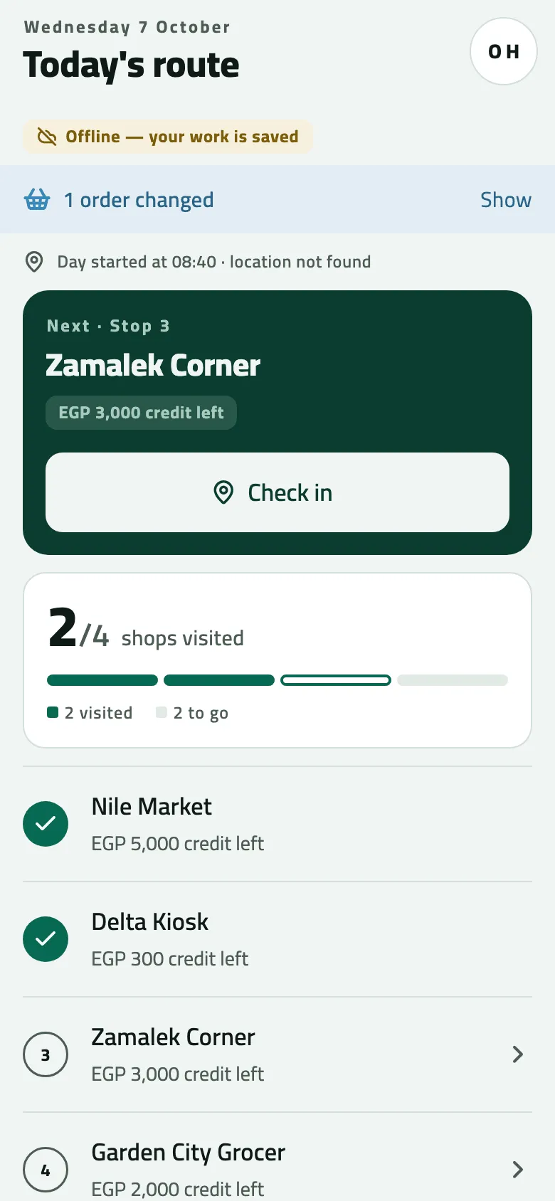 Omar's Today's route on Wednesday 7 October, marked Offline, your work is saved: a 1 order changed banner with Show, Next · Stop 3 Zamalek Corner (EGP 3,000 credit left) with Check in, and 2/4 shops visited, Nile Market and Delta Kiosk ticked, Zamalek Corner and Garden City Grocer to go.